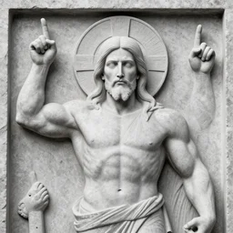 muscular gigachad benediction, gigachad jesus, pointing to heaven with two fingers, stone relief, holy iconography, grayscale