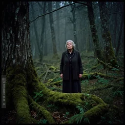 a movie still by tarkovsky of an elder woman in a heavy burning forest mossy by night, cinestill 8 0 0 t 3 5 mm, heavy grain, high quality, noir, natural textures, photorealistic, natural textures, ambient occlusion, hd, fog, criterion collection