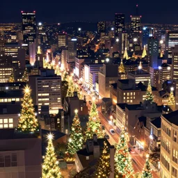 anime styled city with many lights at night, lens flares, Christmas trees