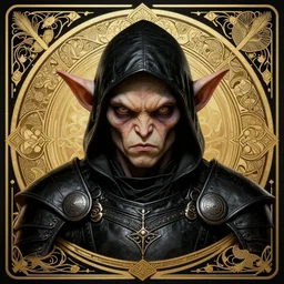 head-on symmetrical centered painted portrait, D&D goblin assassin, black leather armour, art nouveau, tarot card style, complex tarot card background, fantasy, intricate, elegant, highly detailed, smooth, sharp focus, illustration, artstation, in the style of Artgerm and Anna Podedworna and Alex Ross and Mucha