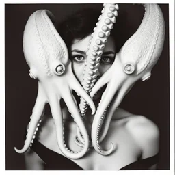 a black and white photograph of cephalopodal androgyny, in the style of egon schiele, jenny saville, m c escher, wassily kandinsky, piet mondrian, film photography, fashion photography, surreal, polaroid photography, soft lighting