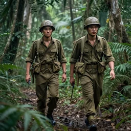 Two Vietcong soldiers walking through the jungle on a patrol, Vietnam War, jungle, hyper realistic, super detailed, HDR, 4k, tense