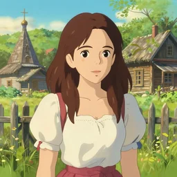 portrait art of cute girl emma stone in summer outfit at russian village, art by studio ghibli, makoto shinkai, trending on artstation, beautiful lighting, intricate details