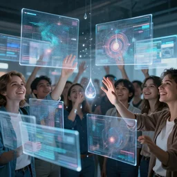 groups of happy people in cyberspace, large layers of overlapping translucent cyberscreens projecting beautiful varied reference sheets, floating translucent graphics, dripping light drops, people hands touching light drops, perfect lighting pixel sorting