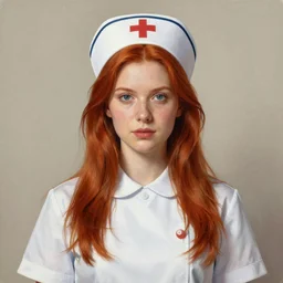 a portrait of a nurse with short sleeves and long red hair, Matte painting , detailed painting, greg rutkowski