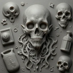 a close up of a bunch of different items, bas - relief, an ambient occlusion render by alberto seveso, zbrush central, natgeo, haunted, vanitas, lovecraftian, biomorphic, rendered in cinema 4 d