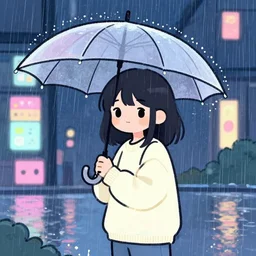 beautiful drawing style, girl holding umbrella, contrast, visible rain, vaporware cartoon japan background, vibrant neon pastel, kawaii rainy gloomy, rainy night