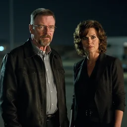 a pov shot, color cinema film still of walter white & kate middleton in blade runner 2 0 4 9, cinematic lighting at night.