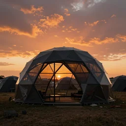 photo campsite at sunset of a field of futuristic organic geodesic shelter pods, geodesic structure, dramatic lighting, black and orange colour palette, generative design