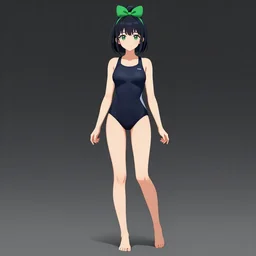 a girl in a one piece swimsuit with a green hair - bow, concept art by muqi, featured on pixiv, mingei, official art, full body, anime aesthetic