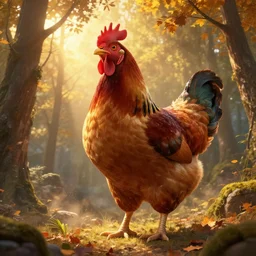 A highly detailed 4K fantasy matte painting of a giant chicken in a forest during the golden hour in autumn, volumetric sun rays and dust, Thomas Kinkade, ArtStation, CGSociety, Unreal Engine