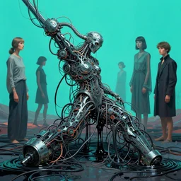 mechanical mitosis, chiaroscuro!!, solarpunk, hyperminimalism, flesh bound to metal, cables and wires, black oily ooze, hyperrealism, surrealism, realistic cyan shaded lighting, vibrant, by greg rutkowski and gil elvgren and zdzisław beksinski and ilya kuvshinov and magali villeneuve