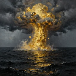 3 d, rain, liquid gold ocean storm, black water, poster art, high detail, intricate oil painting, multiple exposure, heaven mood, hyperrealism, 3 d, by tooth wu and wlop and beeple and greg rutkowski