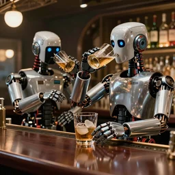 robots drinking alcohol, inside a bar, chrome reflection, hyper-realistic, extreme detail, sharp photo, beautiful, cinematic 4K, by Sorayama