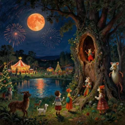 a night carnival around a magical tree cavity, with a surreal orange moonlight and fireworks in the background, next to a lake with iridiscent water, christmas lights, folklore animals and people disguised as fantastic creatures in a magical forest by summer night, masterpiece painted by ford madox brown, dark night environment