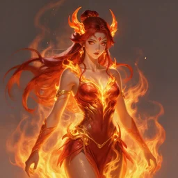 “ goddess of fire, highly detailed, digital painting, flames, artstation, concept art, smooth, sharp focus, illustration, art by artgerm and greg rutkowski and alphonse mucha ”