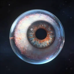 3d render HD macro, scary eye with big iris in small glass sphere , orb ,floating in cosmic space