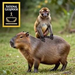 a monkey on the back of a capybara, a microscopic photo by Pascal Dagnan-Bouveret, shutterstock contest winner, primitivism, national geographic photo, associated press photo, majestic