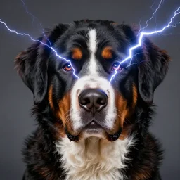 a big swiss mountain dog with lightning coming out of his eyes,digital art,ultra realistic,ultra detailed,art by greg rutkowski,detailed face