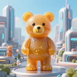 portrait of haribo bear in future city, color and shape focus, cnetral composition, natural