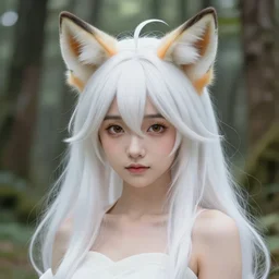portrait of a cute white long haired anime foxgirl in a forest, detailed face, highly detailed, sharp focus, trending on artstation, art by Krenz Cushart and Ross Tran