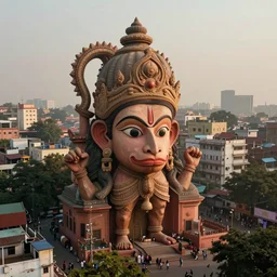 dreamscape! mumbai with biomorphic hanuman!! head building, kalighat, octane highly detailed, cinematic smooth, stephen shore & john j. park, soft morning light, wide shot, high angle, uhd 8 k, deep focus
