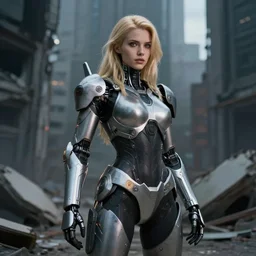 beautiful blond cyborg girl in full battle gear in a destroyed city, moody lighting, 8 k, shallow depth of field, cinematic lighting,