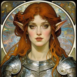 head and shoulders portrait of an eldritch knight, elf, beautiful, female, breastplate, magical, high fantasy, d & d, by alphonse mucha, face details, extremely detailed, vogue fashion photo