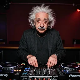 photo of albert einstein as a dj behind the dj decks in the club