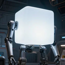 cinematic closeup portrait of big glowing cube, standing on high futuristic robotic legs, space station room at background, high detail, 8 k, sharp focus, movie still, dramatic lighting, ray tracing, smooth, by lane brown, by finnstark, by oleg bulakh, diego fazio, by mike dargas, emanuele dascanio, felix englund