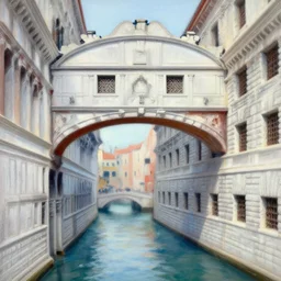 the bridge of sighs in the style of vrubel, pastel colors, chiaroscuro, bleached colors, cold shades, perfect beautiful, palette knife