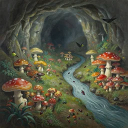 painting of a colorful fungus garden in a cave, birds eye view, Hiroo Isono, dark, foggy, cavern, shy beetles, river running through it