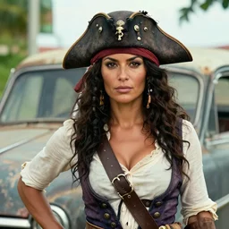 an award winning outdoors portrait photo of a 1 7 0 0 s dirty caribbean italian olive tanned pirate woman with black smooth hair, slightly big nose defined jaw, confident face, blue eyes, wearing a vest and ropes, sunset, movie color graded
