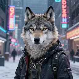 beautiful furry art portrait commission of an androgynous furry anthro wolf fursona wearing punk clothes in the streets of a cyberpunk city at night in the snow. neon signs. character design by zaush, rick griffin, tessgarman, angiewolf, miles df, smileeeeeee, ethrk, charlie bowater, ross tran, artgerm, and makoto shinkai, detailed, inked, western comic book art