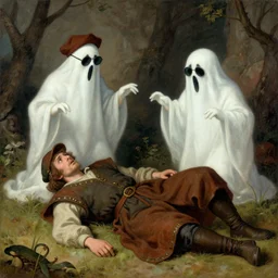 a man lying on the ground scared of two ghost wearing sunglasses and caps, medieval art