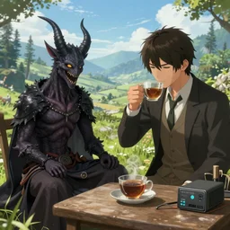 boss drinking tea with baphomet in a sunny happy valley in bloodborne the game, high definition, high resolution, video game, rtx