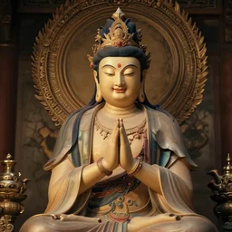 portrait of a smiling bodhisattva, praying meditating, elegant, intricate, cinematic, ornate, in the style of fenghua zhong and raymond swanland and charlie bowater