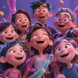 people intertwined with each other while laughing, dreamworks movie directed, 3 d animated movie, slimy shiny reflective joy