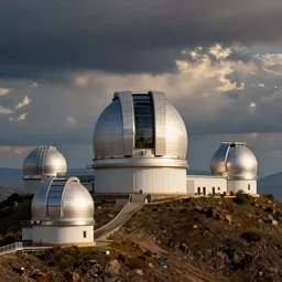 Modern Spanish observatory of multiple telescopes scattered across the mountaintop  painted by Stan Lee