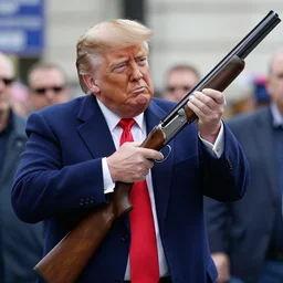 a photo of donald trump with a shotgun in a protest