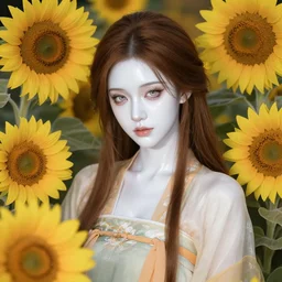 beautiful lady wearing hanfu surrounded by sunflowers, brown long hair, shiny white skin, demonic eyes, low fantasy, extremely detailed, sharp focus, smooth, digital illustration, by rossdraws, frank franzzeta, sakimichan