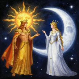 sun king and moon queen in the cosmic court of mystical astronomy, art by tom bagshaw and marc simonetti