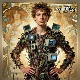 hyperrealist portrait of elijah zu bailey, it is decorated with long wires that fall like vines and wears small computers over their body. by jeremy mann and alphonse mucha, fantasy art, photo realistic, dynamic lighting, artstation, poster, volumetric lighting, very detailed faces, 4 k, award winning, hands on hip