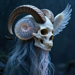 surrealism, night background rain, swirly 3 / 4 profile close up portrait with ram skull mask of a goddess jellyfish nautilus translucent intricate crow wings phoenix, artwork by tooth wu and wlop. octane render, trending on artstation, greg rutkowski cinematic, hyper realism, high detail, octane render, 8 k