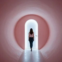 A photograph of a female standing in a spiral shape interior space with an arched door glowing white at the end, neon colors,F3.5,ISO640,18mm,1/60,Canon EOS 90D.