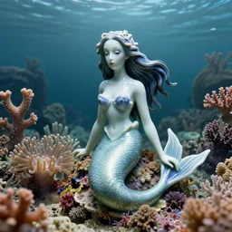 portrait of a porcelain mermaid by tim burton and wes anderson, in the ocean, subtle colours, lots of detail, coral reef, sea anemones