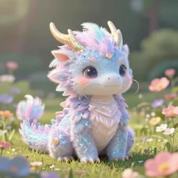 beautiful digital fantasy illustration of a closeup adorable giant fluffy feathered sparkling pearlescent pastel dragon! sitting alone in a flower meadow, concept art by greg rutkowski, anato finnstark, and rebecca guay, highly detailed, soft lighting, rendered in octane