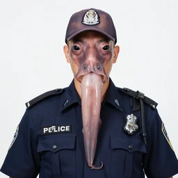 a perfect colour portrait of a policeman. his leathery squid skin is contracting rapidly and ripping. leaking pva glue from the fissures in his stressed, agonising skin. brightly lit studio lighting