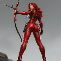 Female archer, dnd, d&d, leggins, red skintight leather armor, red hair, Low-Angle, visible face!, beautiful face!, alluring, D-cup, toned derriere, high fantasy, realistic!, extremely detailed, matte painting, by wlop and Frank Franzzeta, artstation