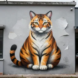 grafitti mural, cat in front of mural sitting in peel p 5 0, tigerprint, volumetric lighting, mist